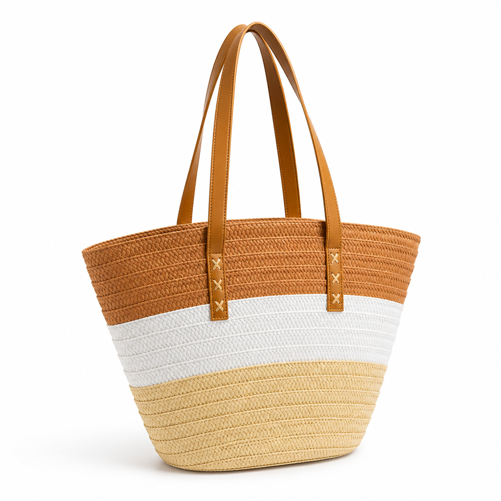 Hand-Woven Straw Tote Bag With Faux Leather Handles