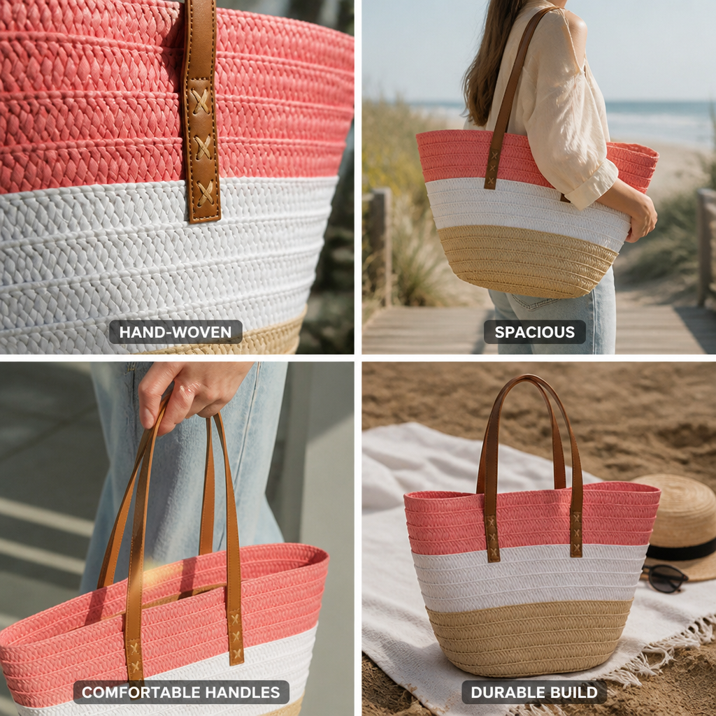 Hand-Woven Straw Tote Bag With Faux Leather Handles