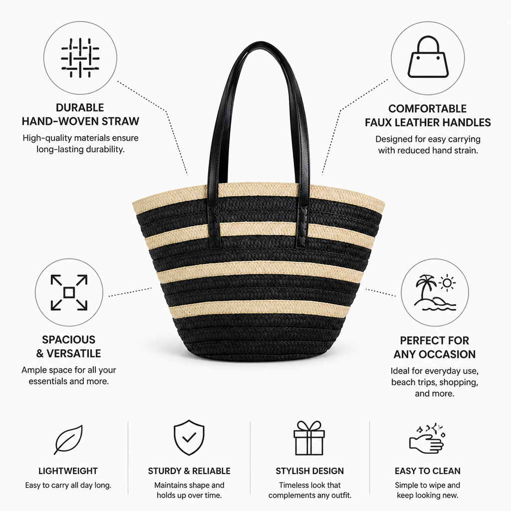Hand-Woven Straw Tote Bag With Faux Leather Handles