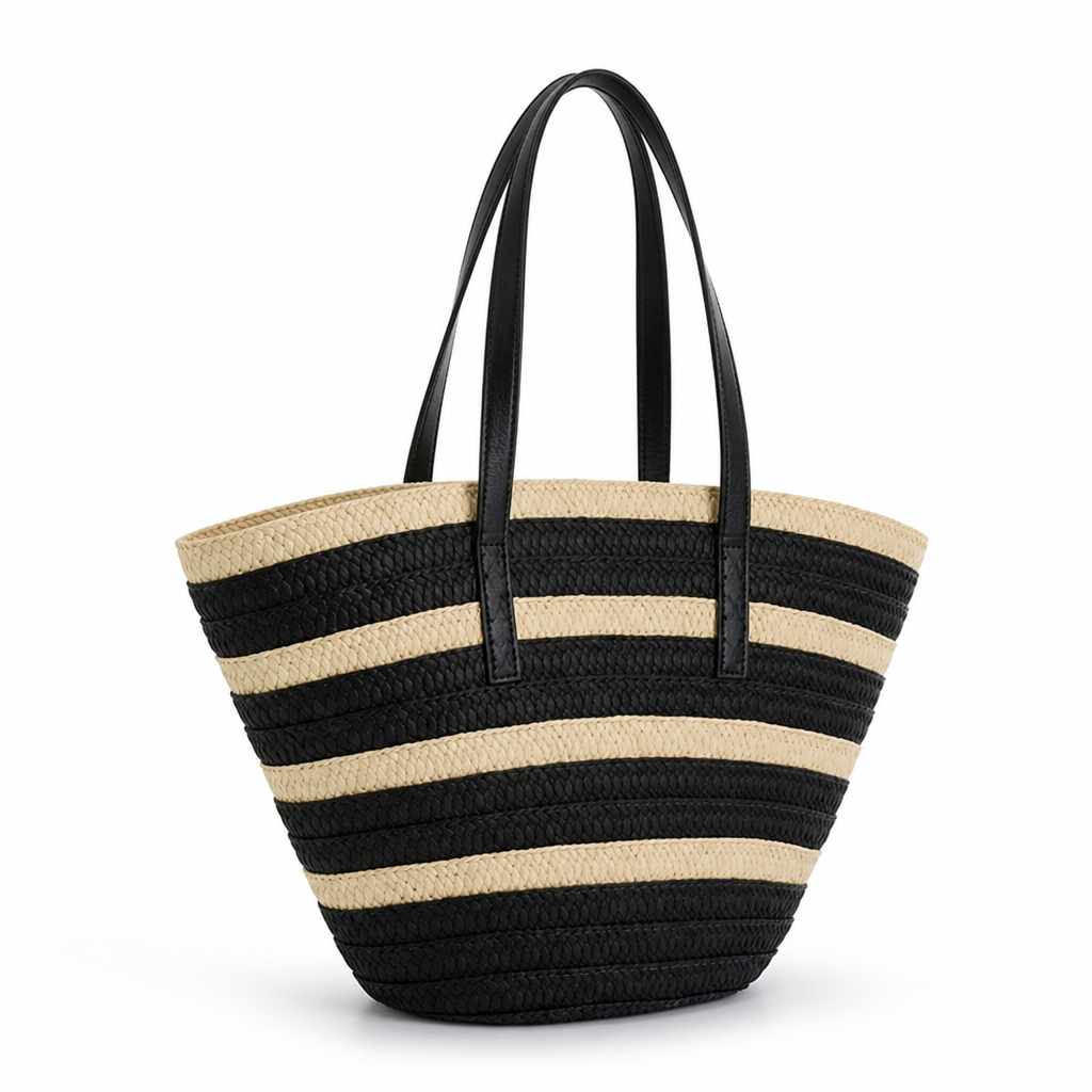Hand-Woven Straw Tote Bag With Faux Leather Handles
