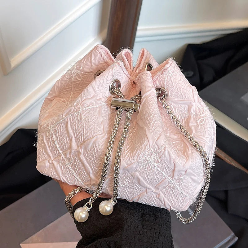 Handbag Satin Drawstring Closure Pearl & Chain Accents