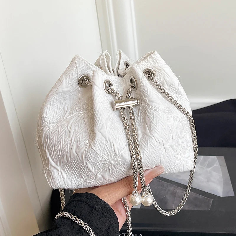 Handbag Satin Drawstring Closure Pearl & Chain Accents