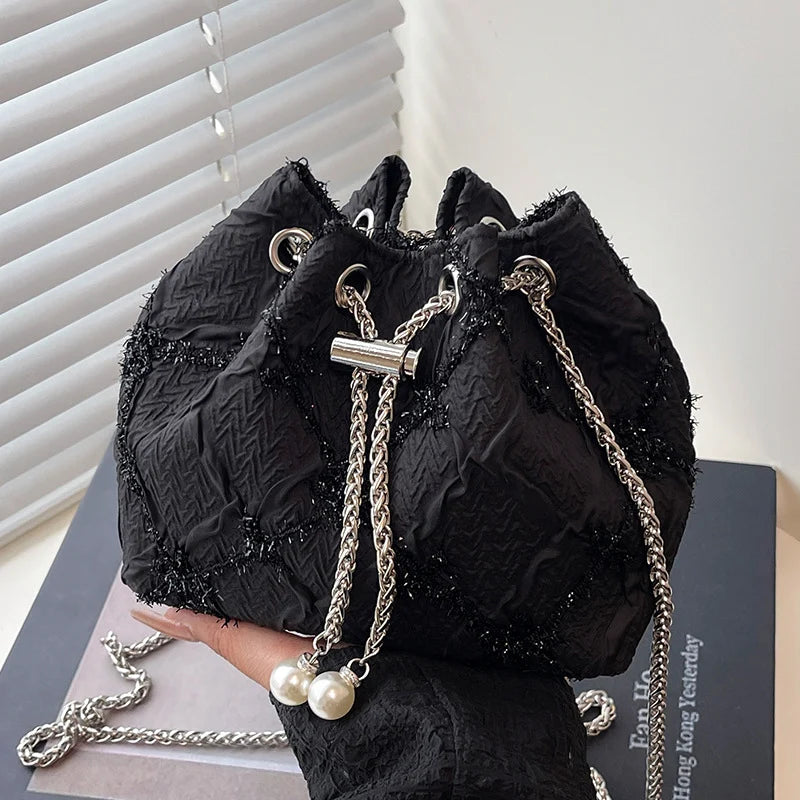Handbag Satin Drawstring Closure Pearl & Chain Accents