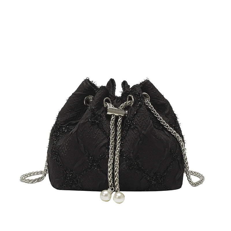 Handbag Satin Drawstring Closure Pearl & Chain Accents