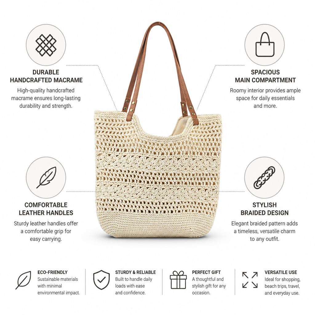 Handcrafted Braided Macrame Shopping Bag (Leather Handles)