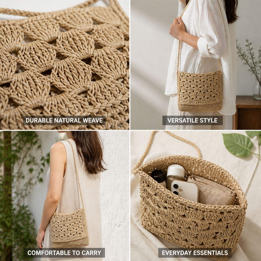 Handcrafted Braided Natural Fiber Shoulder Bag (Ergonomic Strap)
