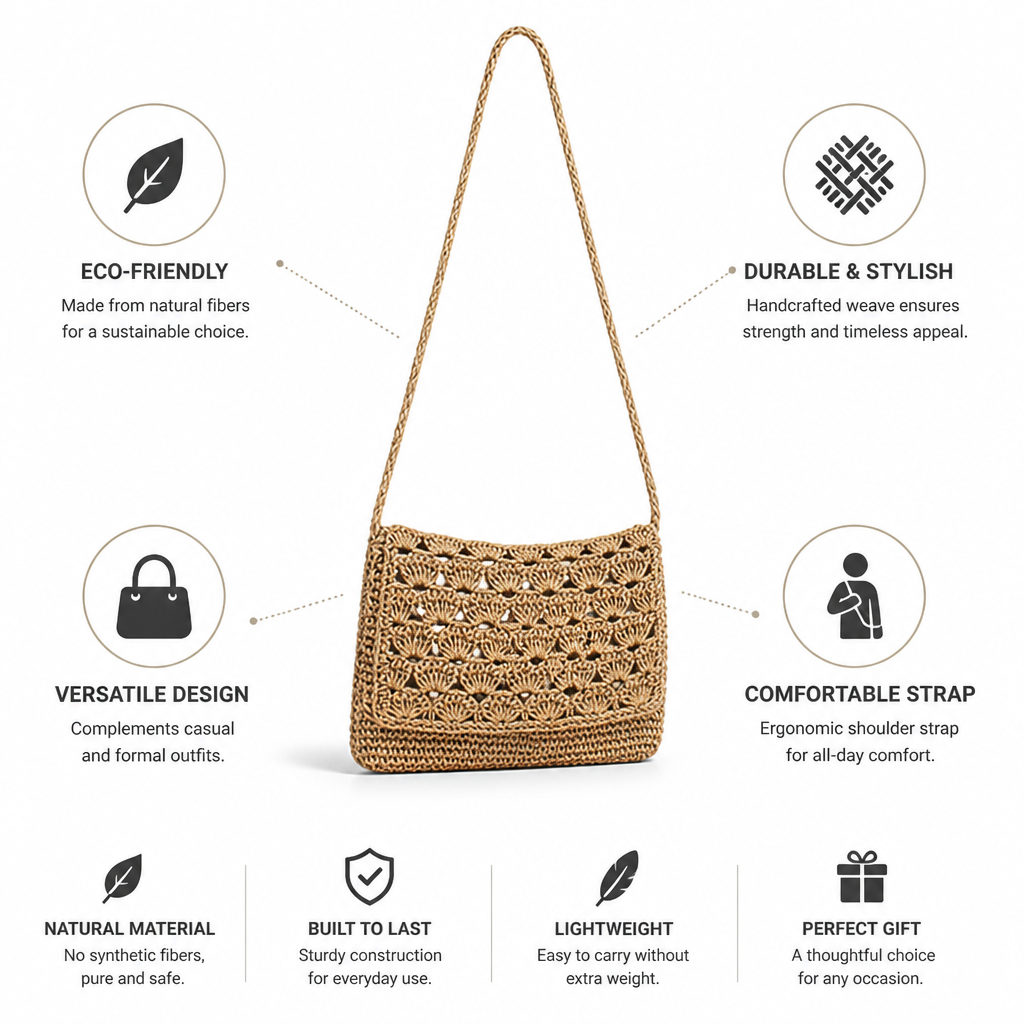 Handcrafted Braided Natural Fiber Shoulder Bag (Ergonomic Strap)