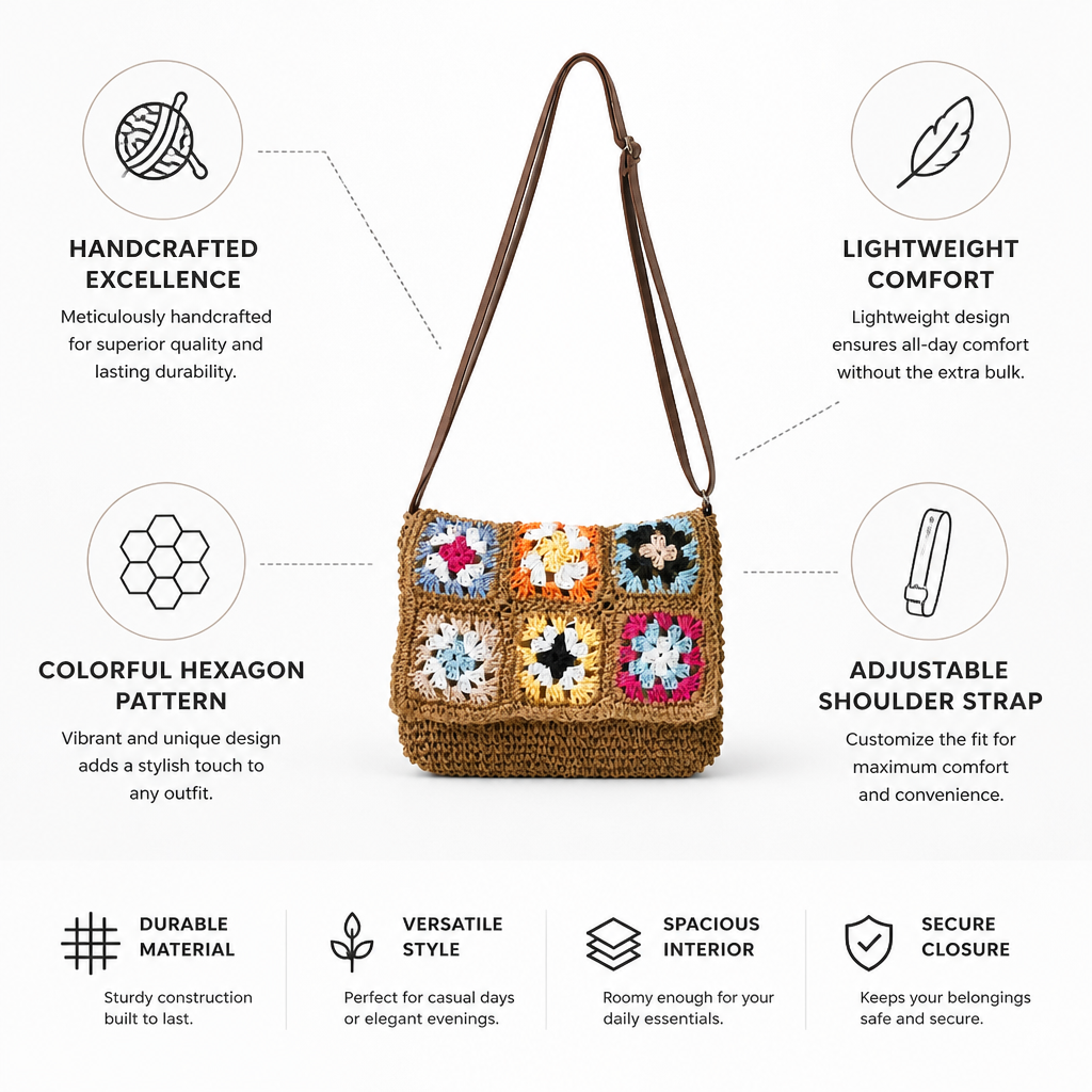 Handcrafted Colorful Hexagon Shoulder Bag (Adjustable Strap)