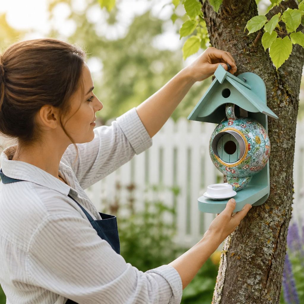 Handcrafted Colorful Teapot-Shaped Resin & Wood Birdhouse