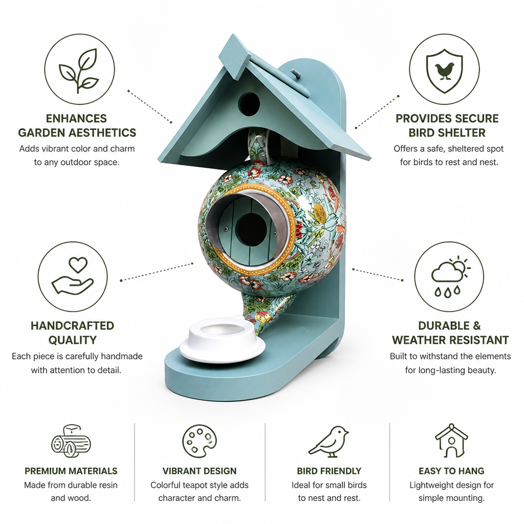 Handcrafted Colorful Teapot-Shaped Resin & Wood Birdhouse