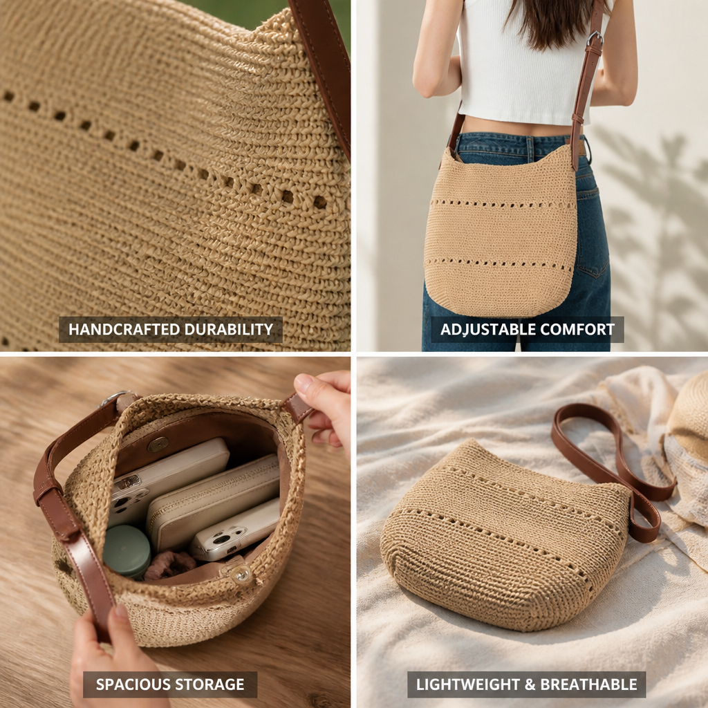 Handcrafted Crochet & Adjustable Leather Strap Crossbody Bag