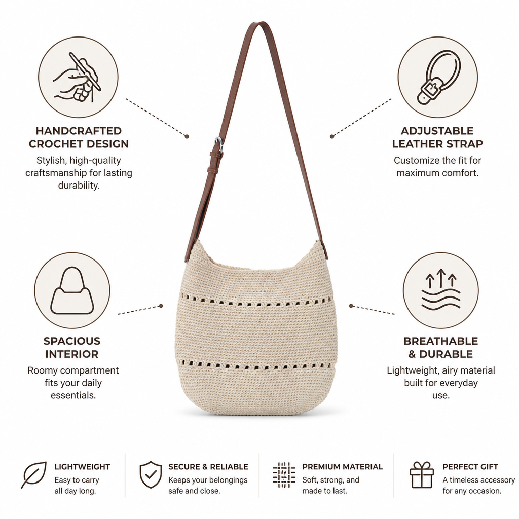Handcrafted Crochet & Adjustable Leather Strap Crossbody Bag
