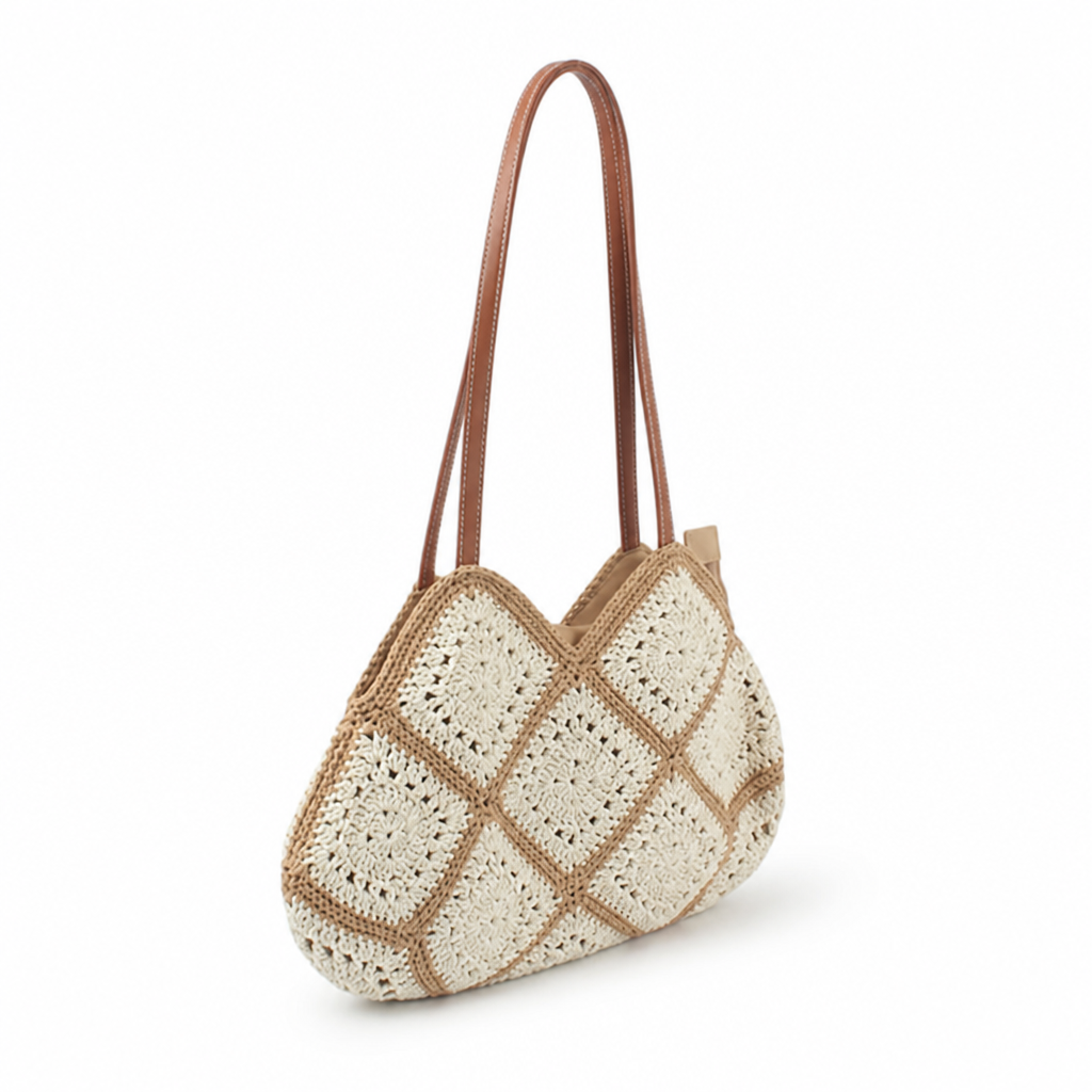 Handcrafted Crochet Leather-Accent Shoulder Bag (Adjustable Strap)