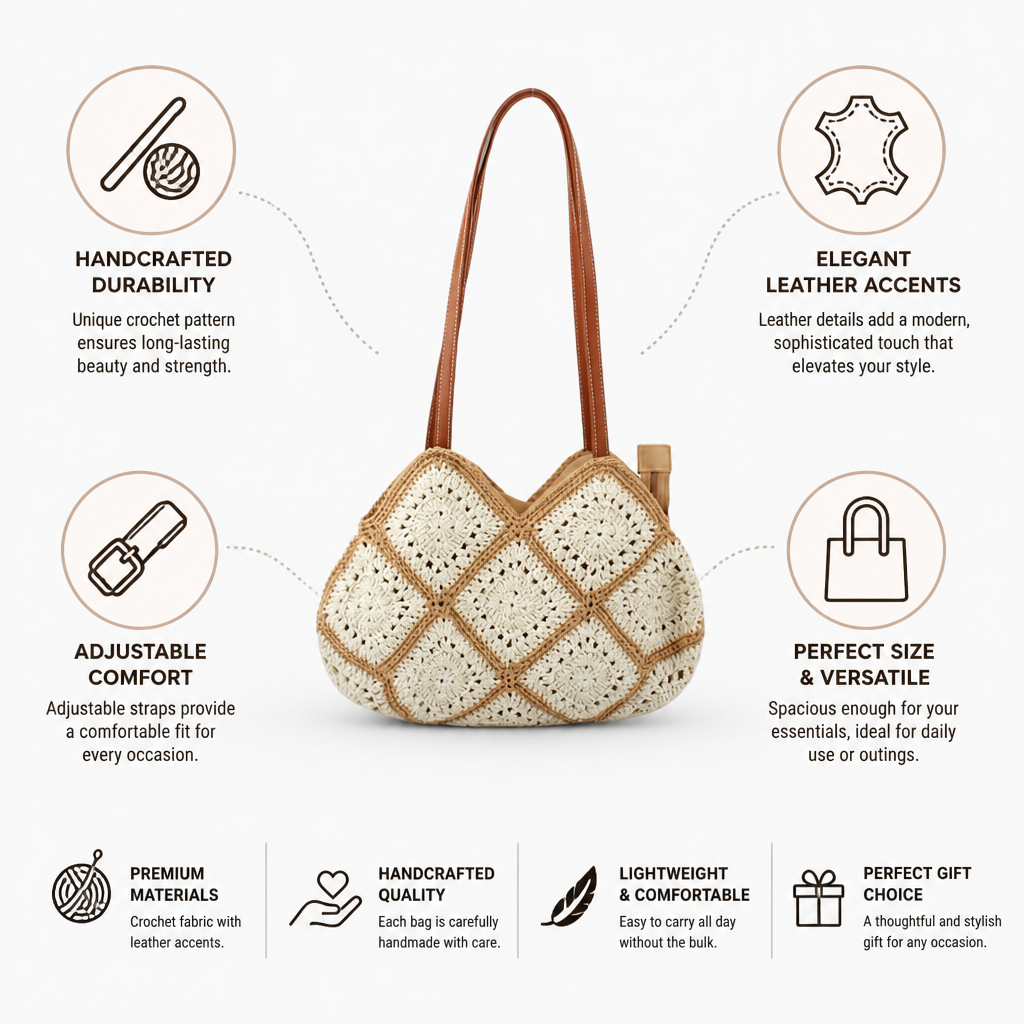 Handcrafted Crochet Leather-Accent Shoulder Bag (Adjustable Strap)