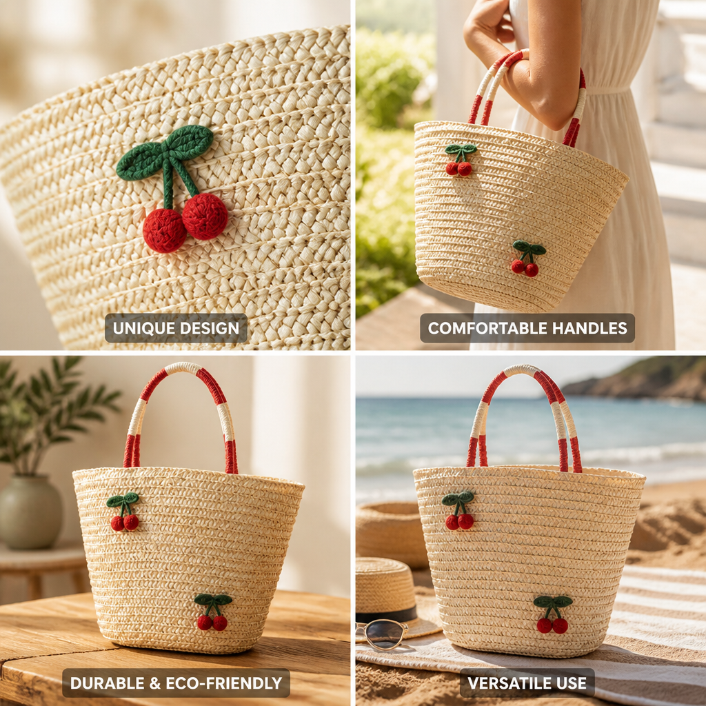 Handcrafted Fruit-Embroidered Straw Tote