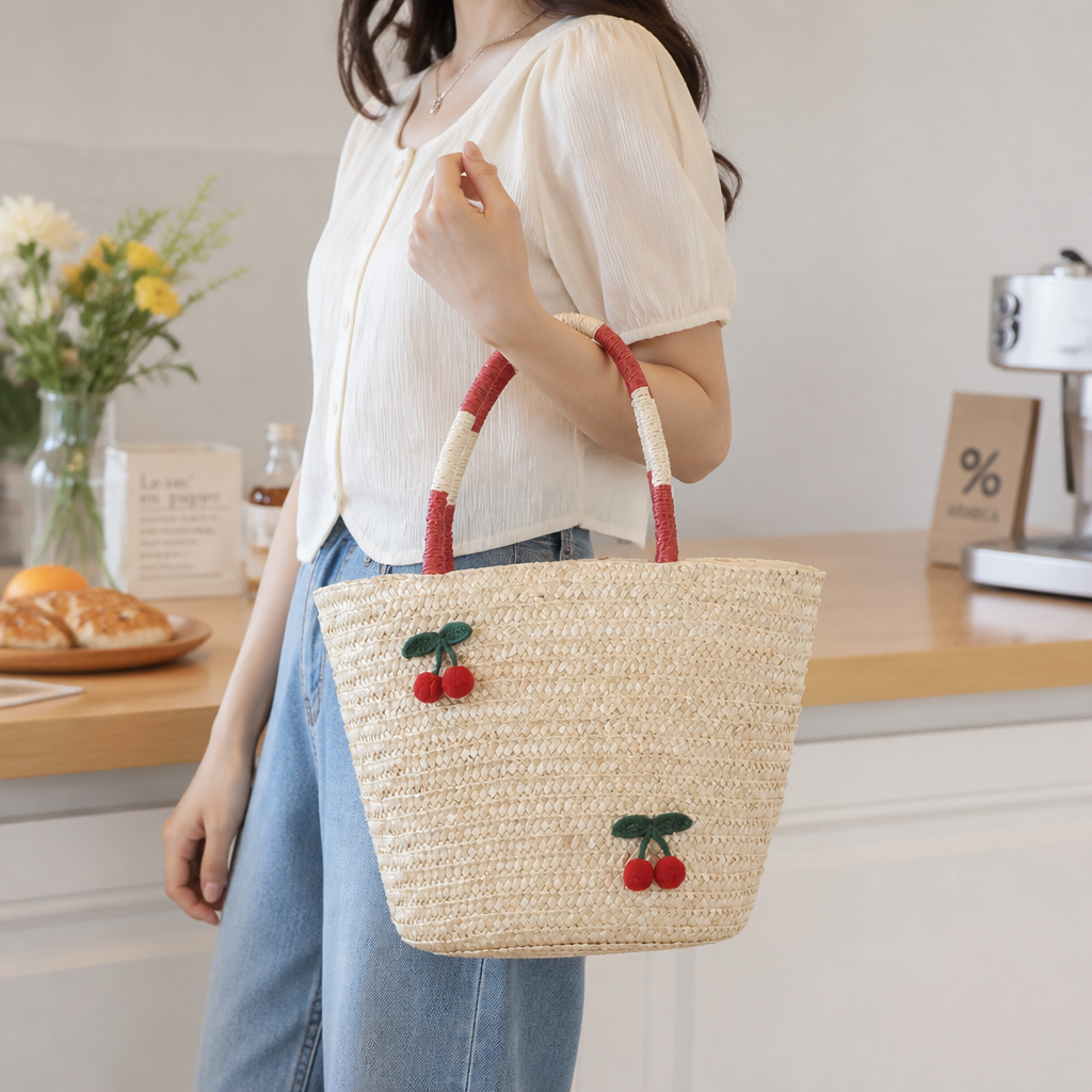 Handcrafted Fruit-Embroidered Straw Tote