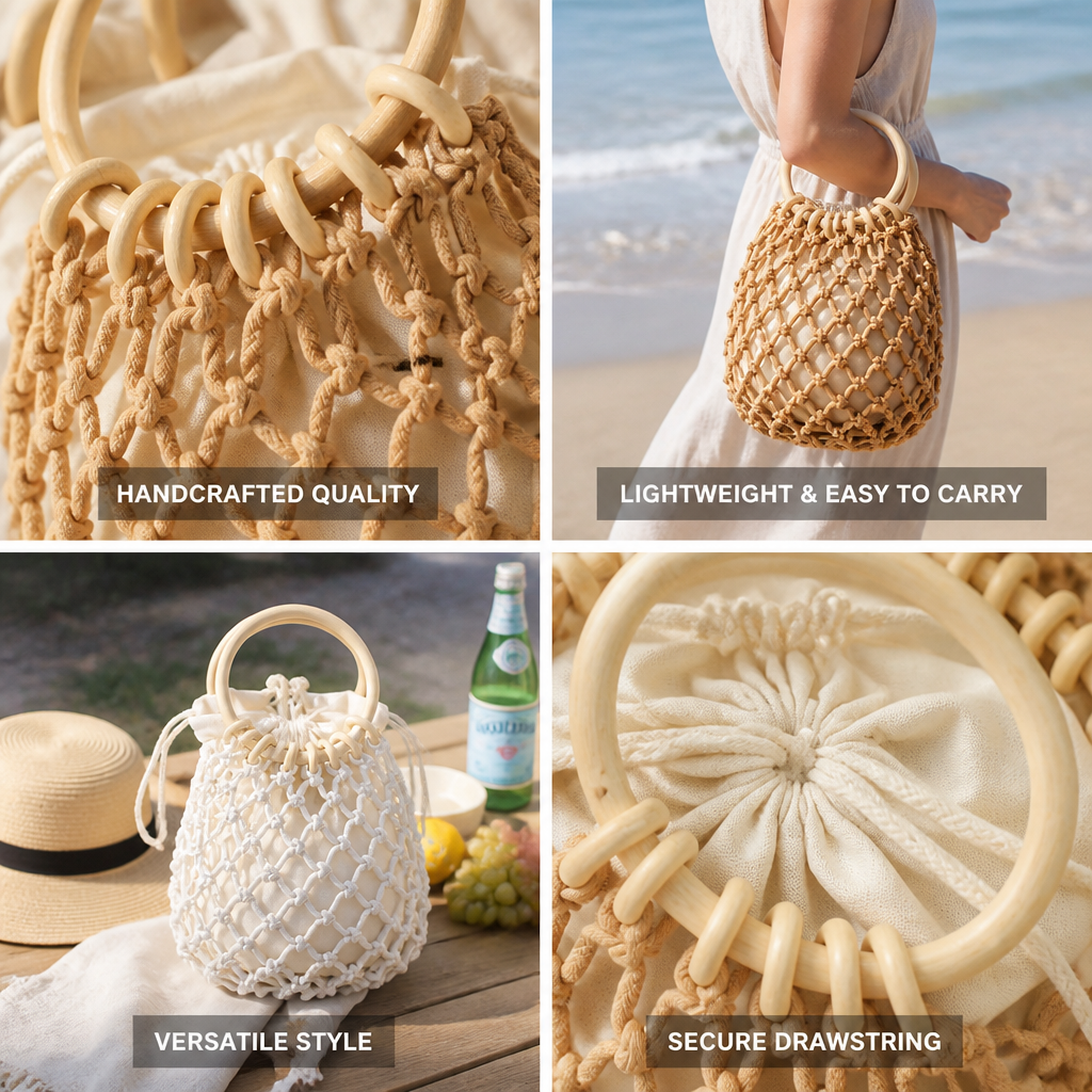 Handcrafted Lightweight Macrame Tote Bag With Wooden Handles