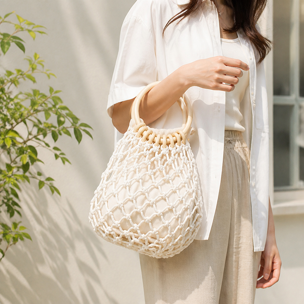 Handcrafted Lightweight Macrame Tote Bag With Wooden Handles