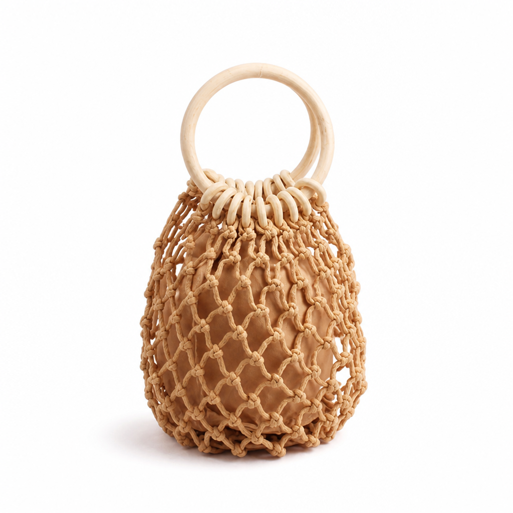 Handcrafted Lightweight Macrame Tote Bag With Wooden Handles