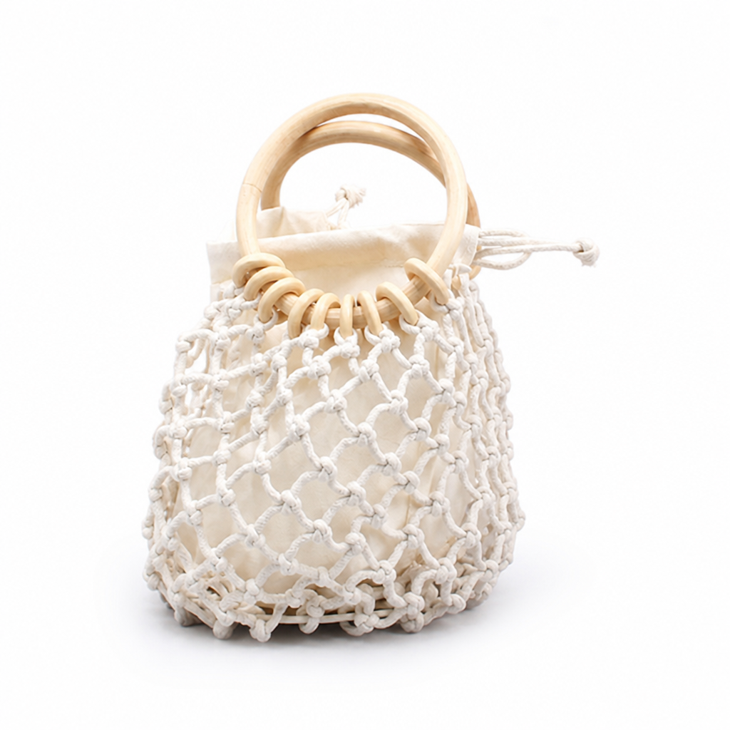 Handcrafted Lightweight Macrame Tote Bag With Wooden Handles