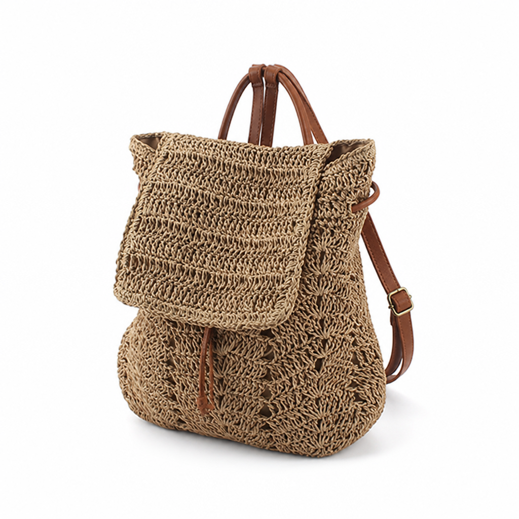 Handcrafted Macramé & Leather-Handled Backpack (Soft Lined Interior)