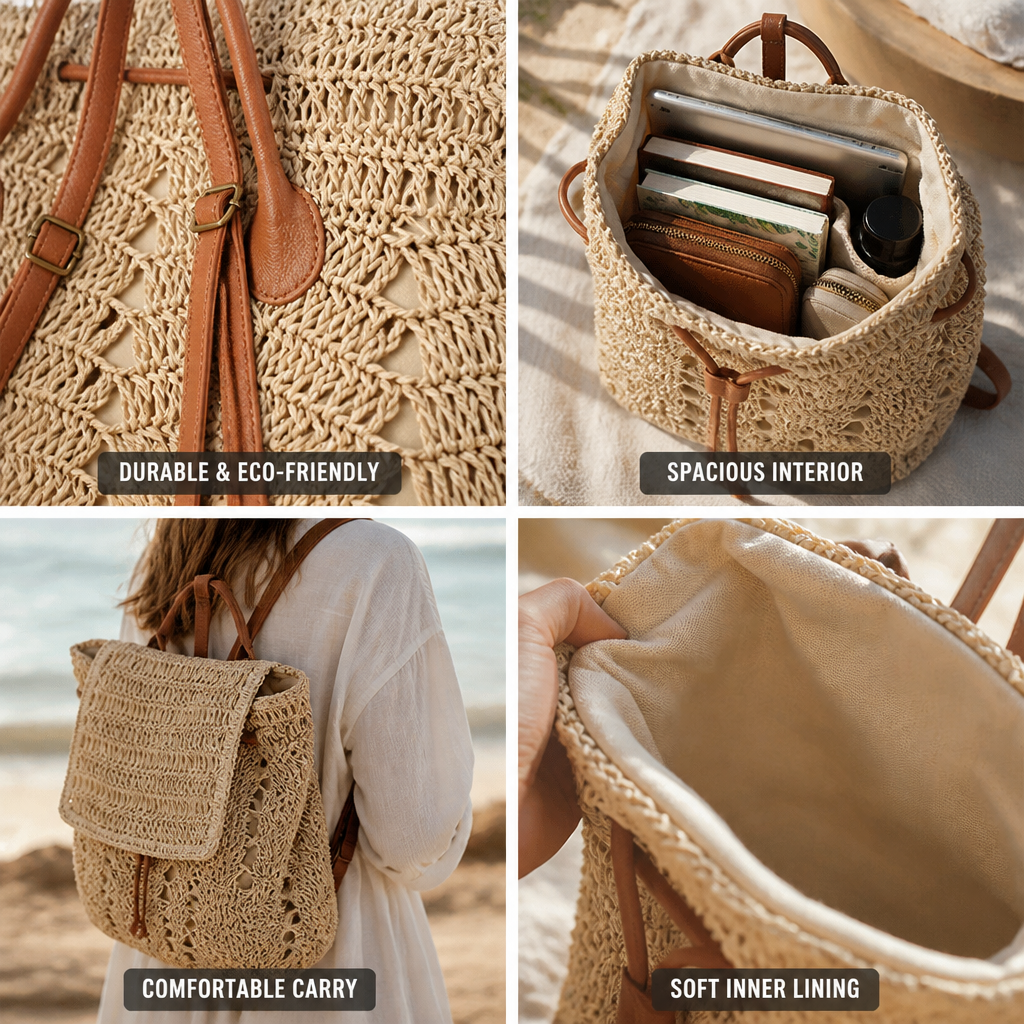 Handcrafted Macramé & Leather-Handled Backpack (Soft Lined Interior)