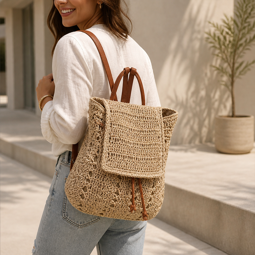 Handcrafted Macramé & Leather-Handled Backpack (Soft Lined Interior)