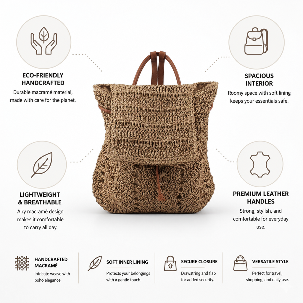 Handcrafted Macramé & Leather-Handled Backpack (Soft Lined Interior)