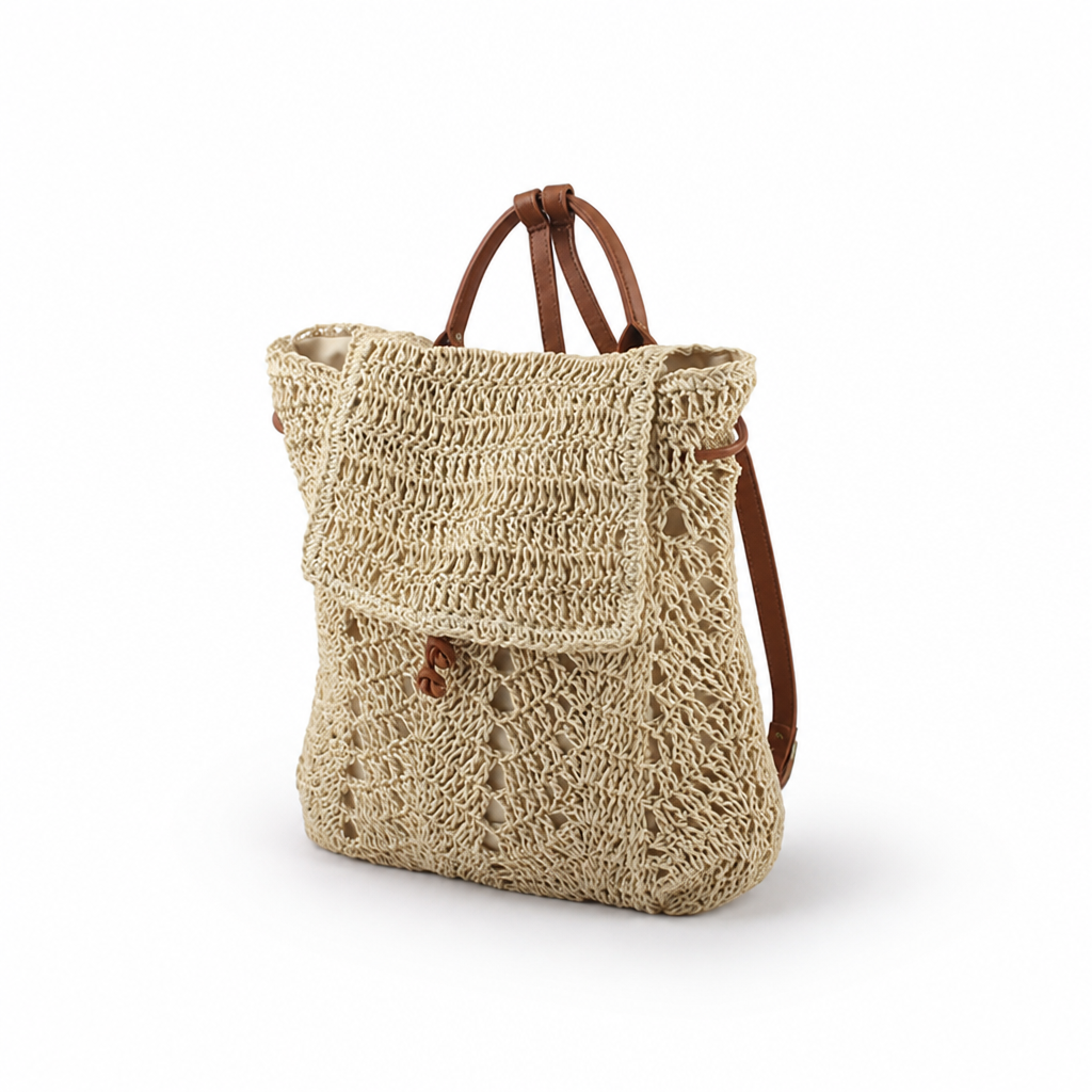 Handcrafted Macramé & Leather-Handled Backpack (Soft Lined Interior)