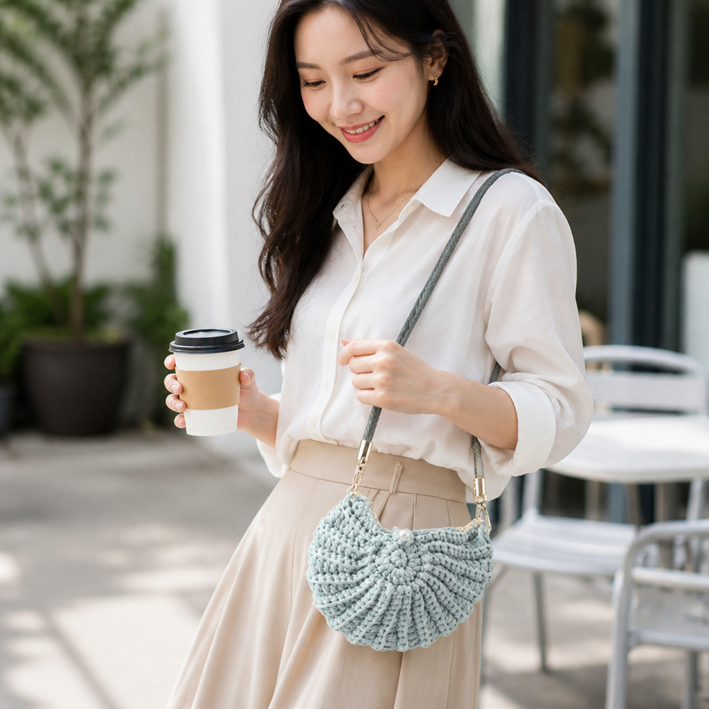 Handcrafted Macrame Crossbody Bag (Braided Handle & Pearl Accent)