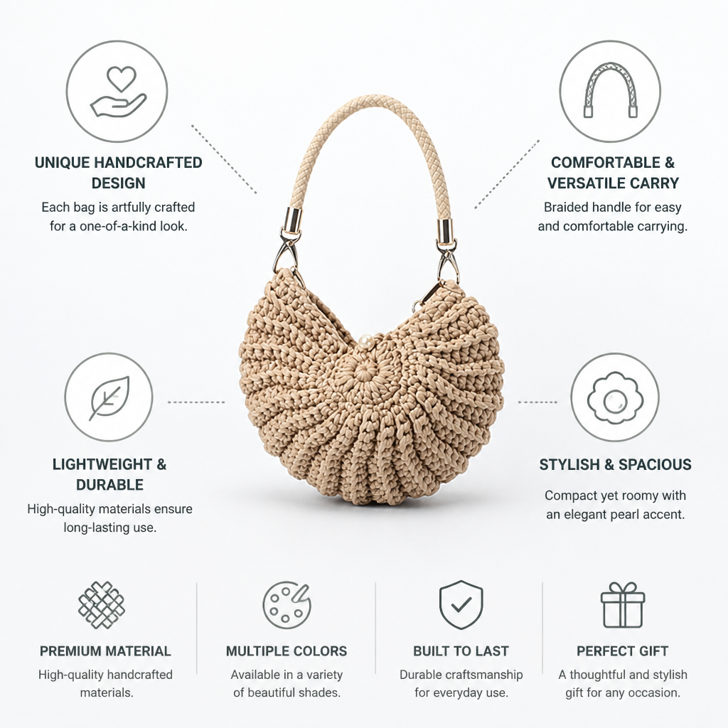 Handcrafted Macrame Crossbody Bag (Braided Handle & Pearl Accent)