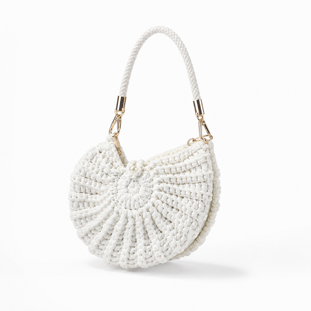 Handcrafted Macrame Crossbody Bag (Braided Handle & Pearl Accent)