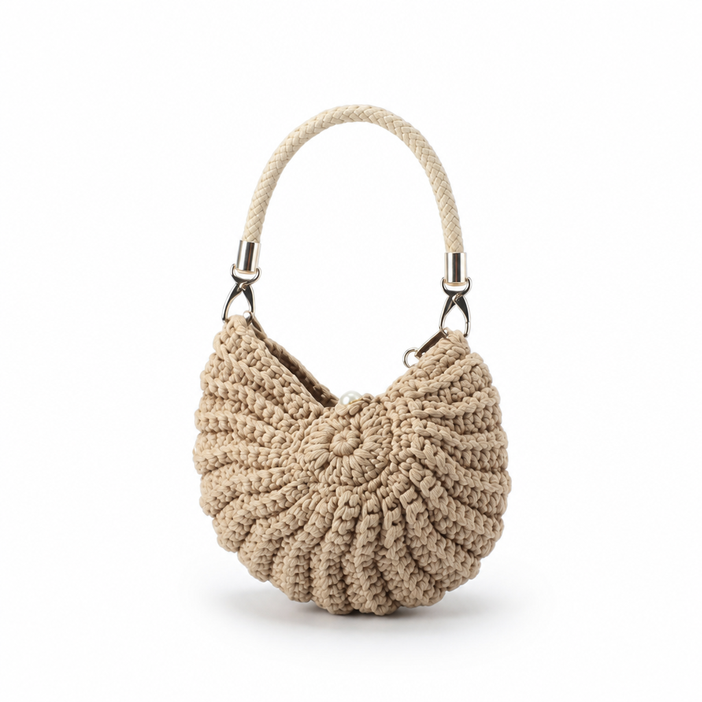 Handcrafted Macrame Crossbody Bag (Braided Handle & Pearl Accent)