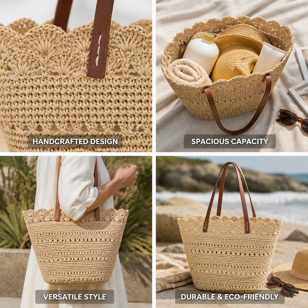 Handcrafted Macrame Leather-Handled Beach Bag