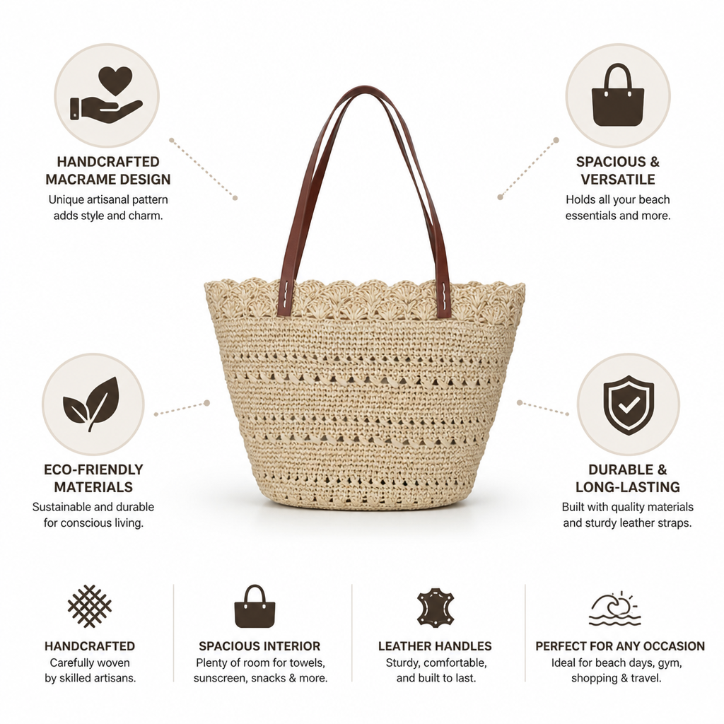 Handcrafted Macrame Leather-Handled Beach Bag