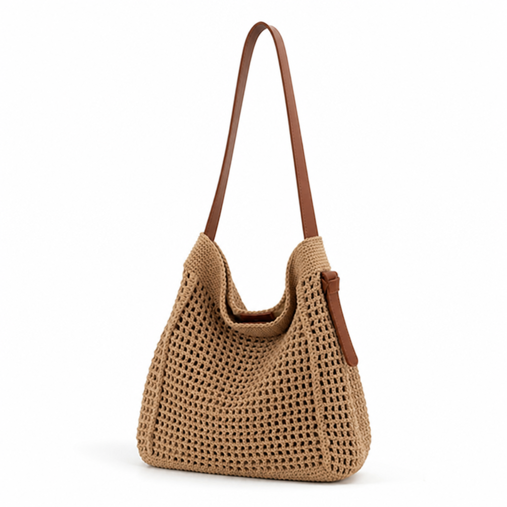 Handcrafted Macrame Shoulder Bag With Faux Leather Handles (Convertible Strap)