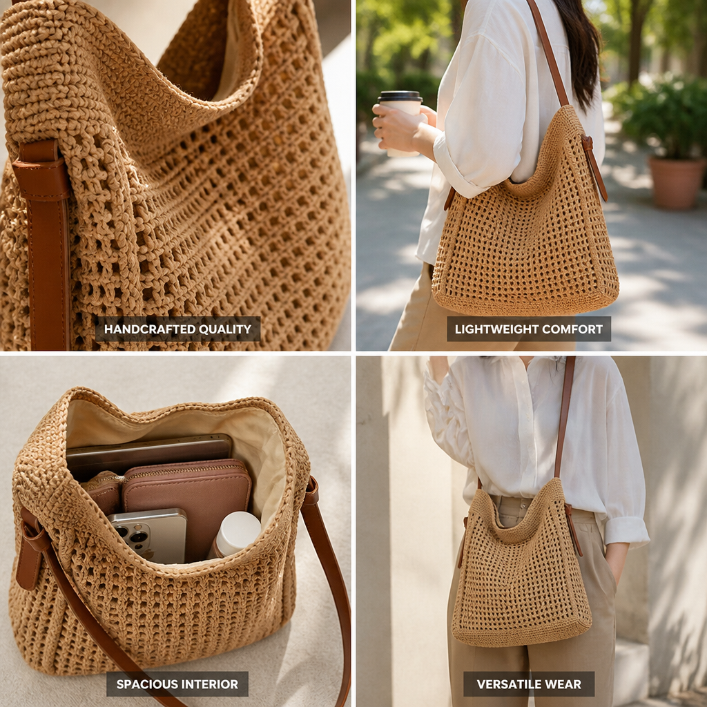 Handcrafted Macrame Shoulder Bag With Faux Leather Handles (Convertible Strap)