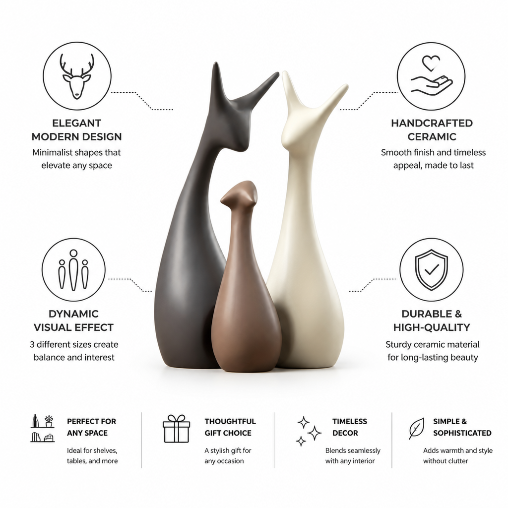 Handcrafted Minimalist Ceramic Deer Figurine Set (3-Piece)