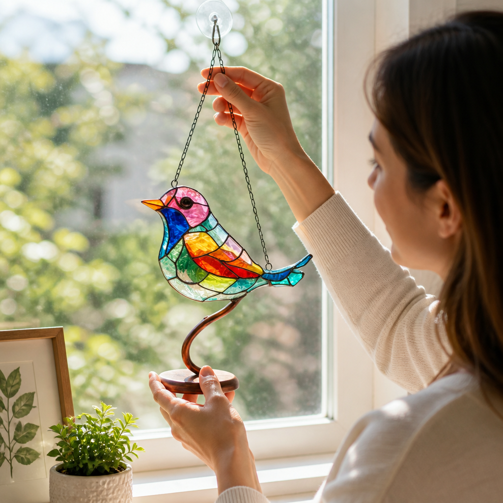 Handcrafted Multicolored Stained Glass Bird Ornament (With Hanging Wire)