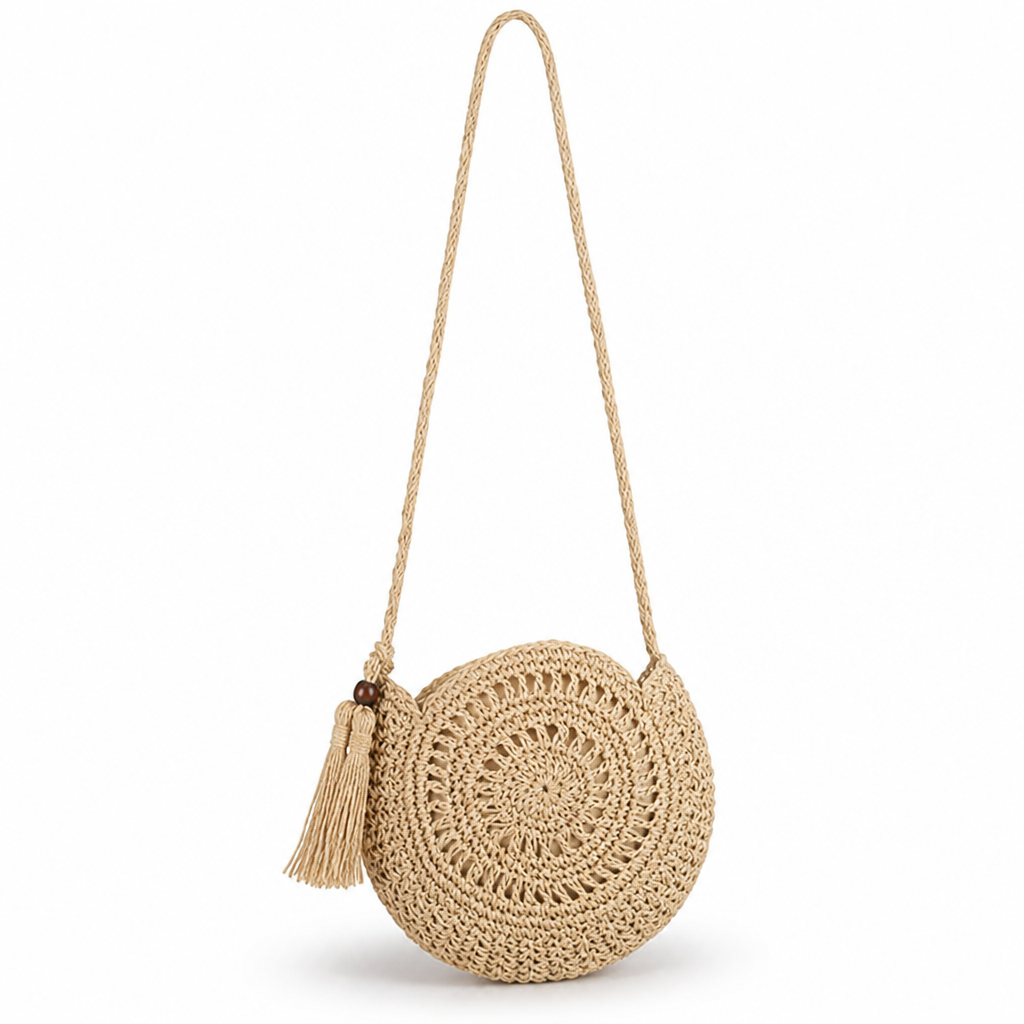 Handcrafted Natural Jute Boho Fringe Round Bag