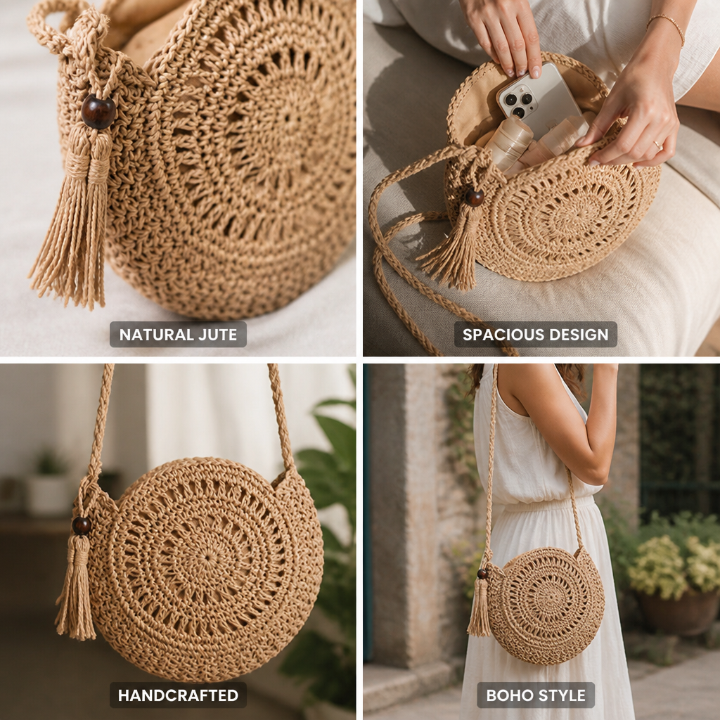 Handcrafted Natural Jute Boho Fringe Round Bag