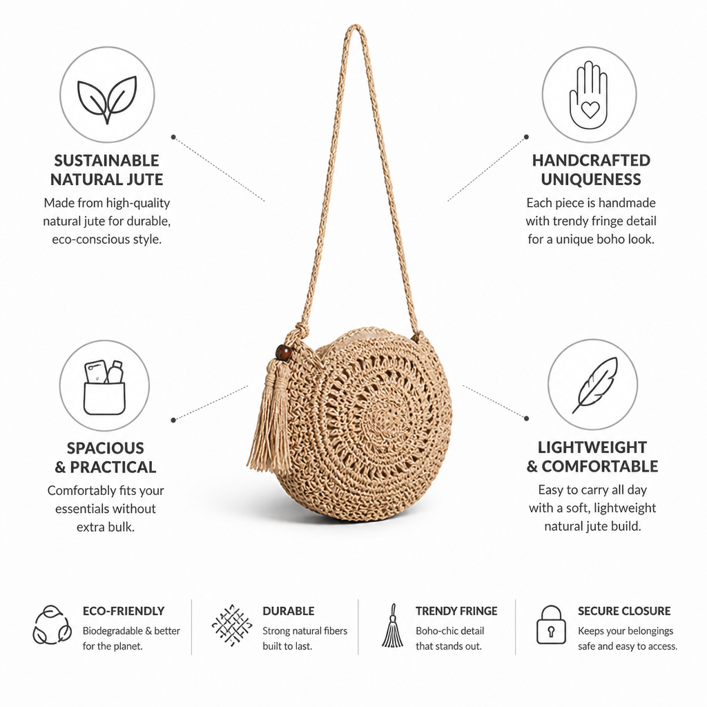 Handcrafted Natural Jute Boho Fringe Round Bag