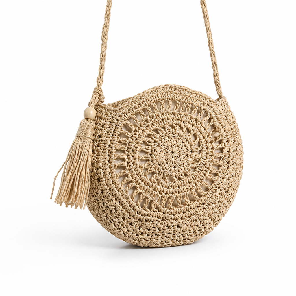 Handcrafted Natural Jute Boho Fringe Round Bag