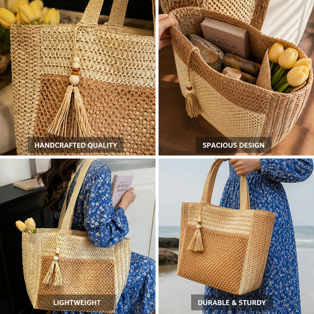 Handcrafted Natural Straw Tote Bag (Tassel Accent)