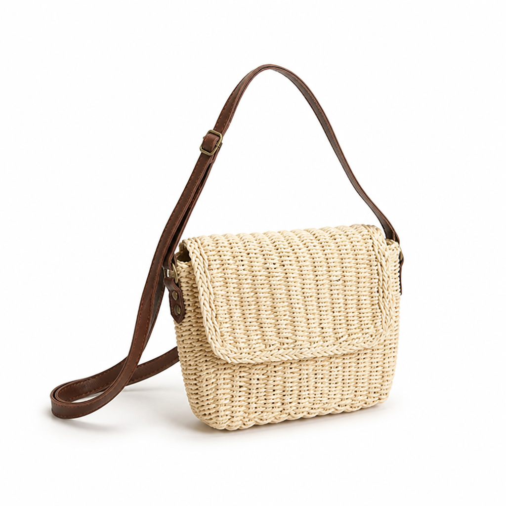 Handcrafted Natural Wicker Handbag (Adjustable Leather Strap)
