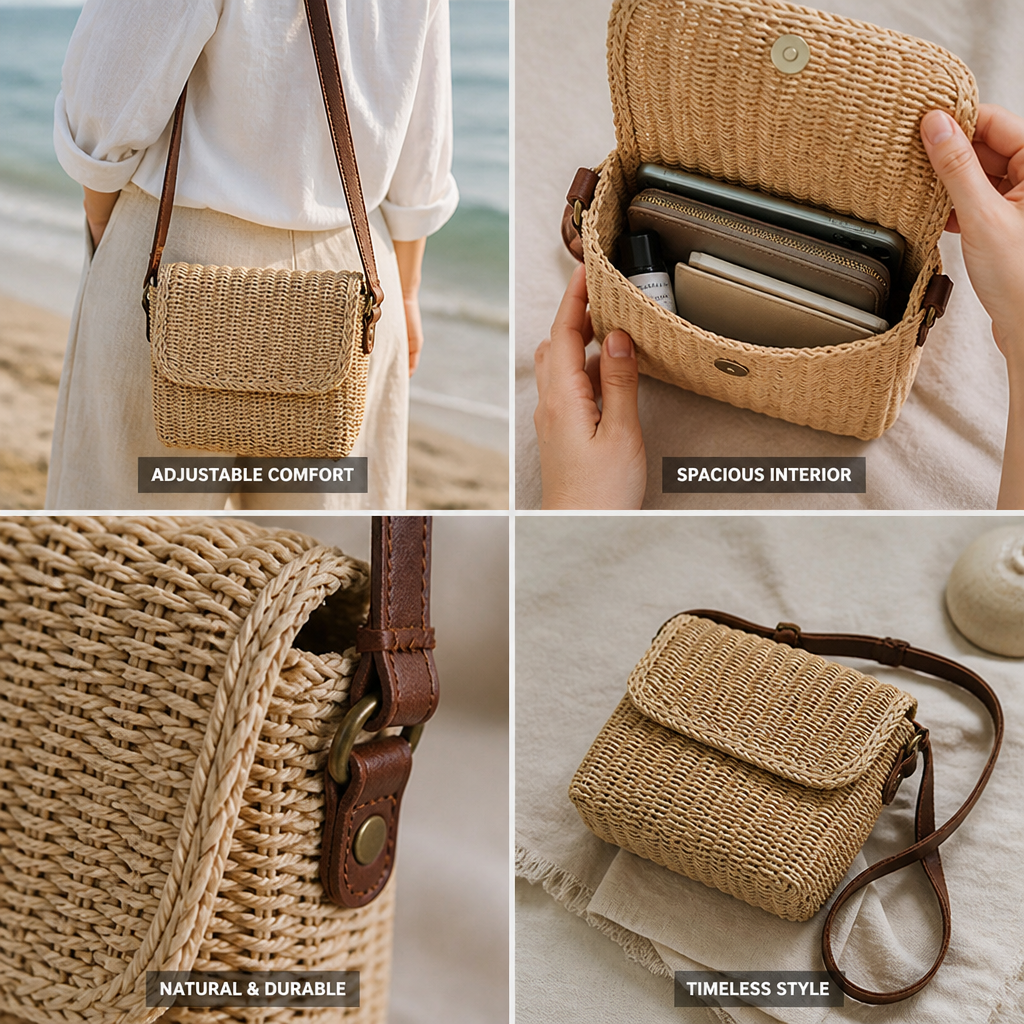 Handcrafted Natural Wicker Handbag (Adjustable Leather Strap)