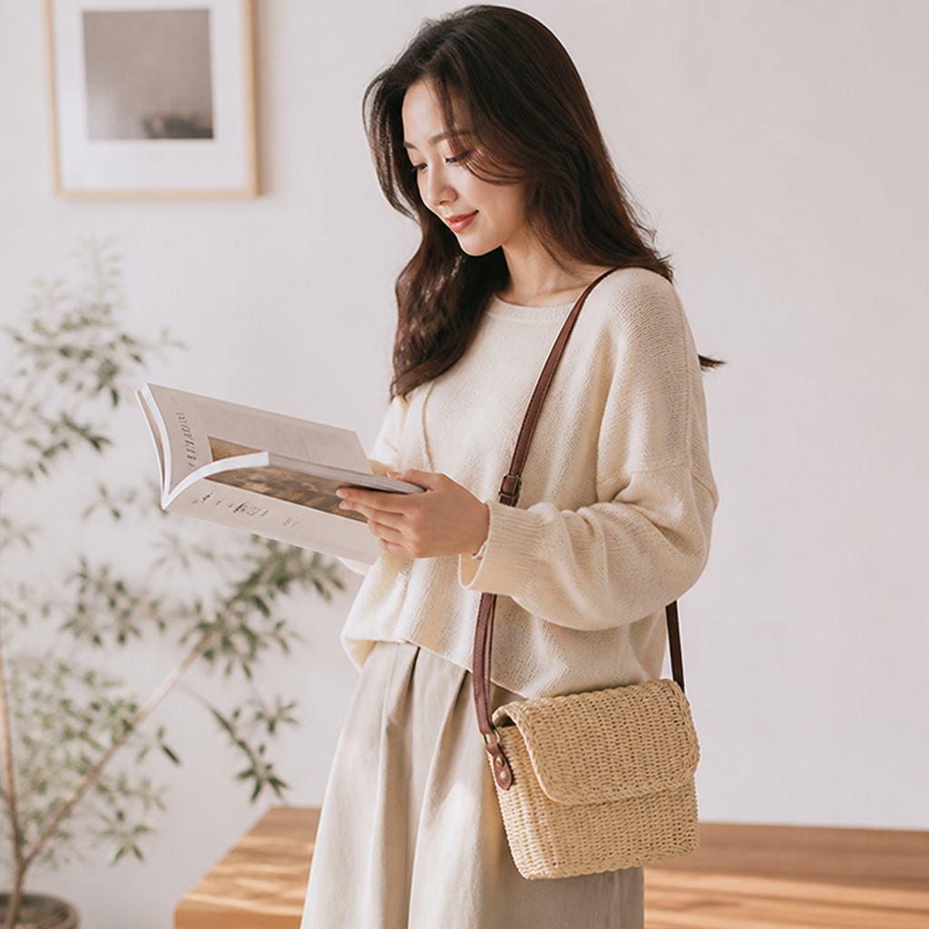 Handcrafted Natural Wicker Handbag (Adjustable Leather Strap)
