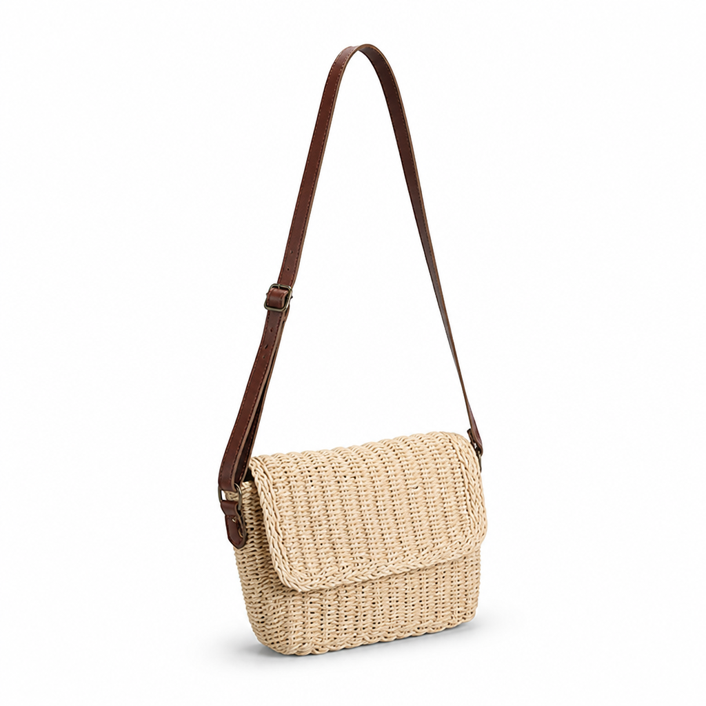 Handcrafted Natural Wicker Handbag (Adjustable Leather Strap)