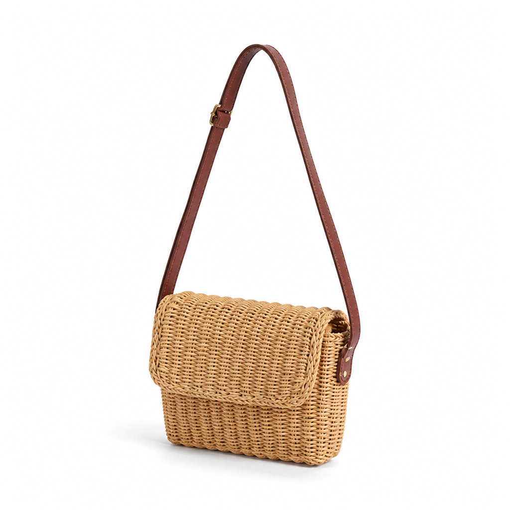 Handcrafted Natural Wicker Handbag (Adjustable Leather Strap)