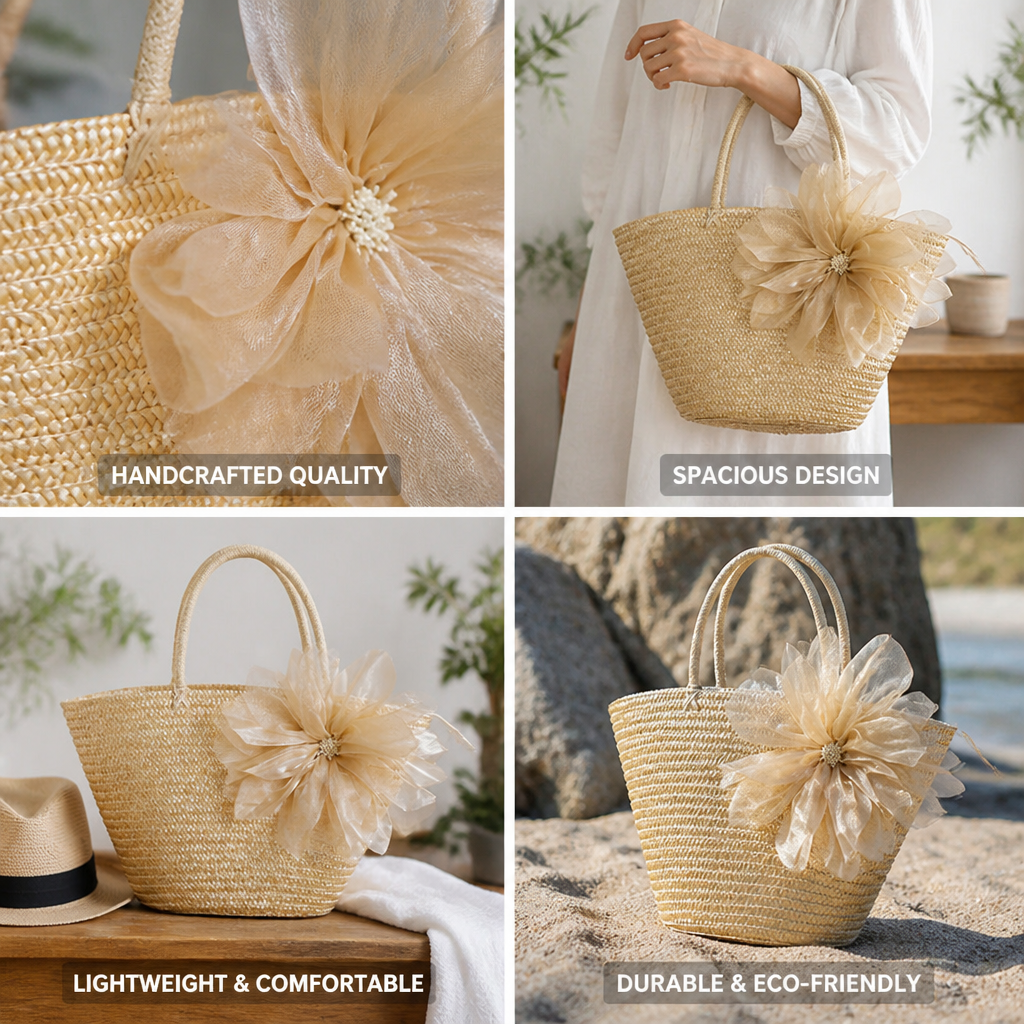 Handcrafted Raffia Floral Tote Bag